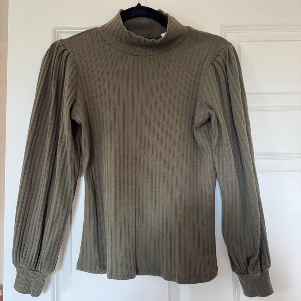 bohme Olive Ribbed Mock Neck Long Sleeve Top with Puff Shoulders